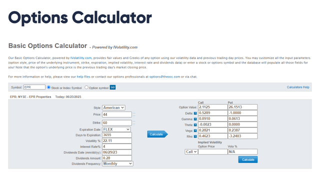 EPR 10-year call option with a strike price of 60