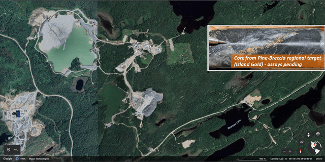 Island Gold Site Infrastructure, Bearpaw Lake & Core w/ Visible Gold from Pine-Breccia Target