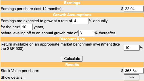 DCF calculation with the outlned assumptions