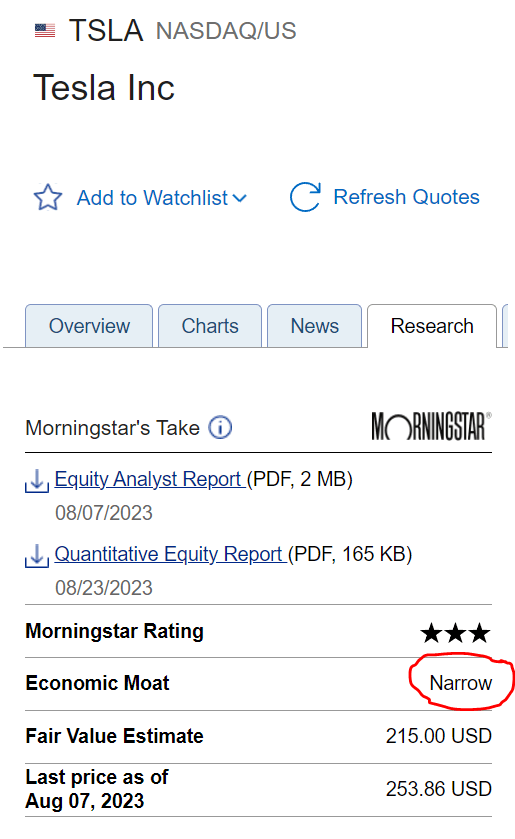 TSLA is not considered to have a wide moat