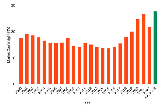 Image of chart exhibiting Market cap weight of top 7 companies in the S&P 500 Index over time