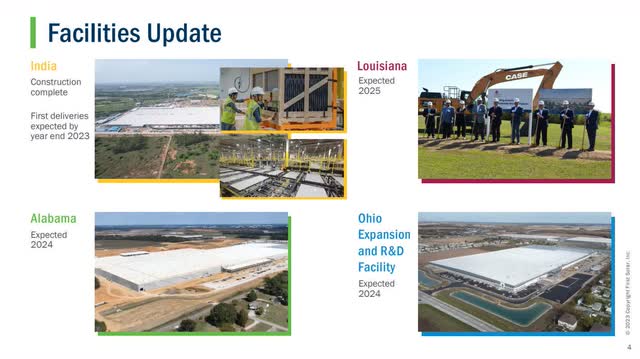 The image shows First Solar's progress in building new facilities.