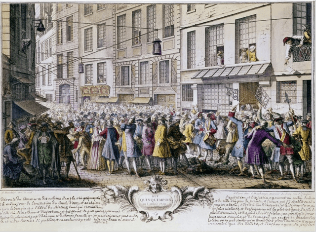 18th century French painting of a large crowd in the street