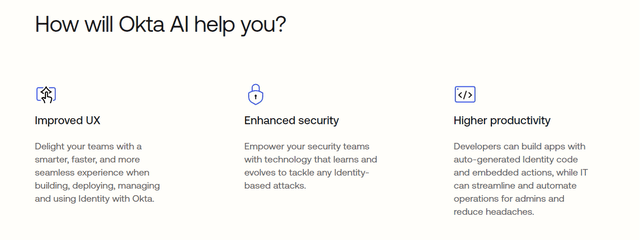 Okta's website: How will Okta Ai help you? Improved Ux, Enhanced security and higher productivity.