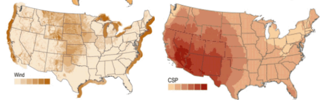 Map of U.S. showing where renewables are